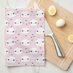 Kawaii White Cat Face Pattern auf rosa Geschirrtuch