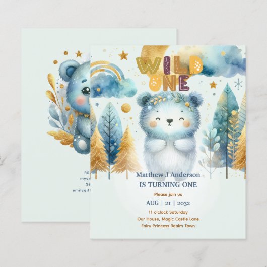 Kawaii WILD ONE 1. Geburtstag Boys BEAR Woodland (Vorne/Hinten)