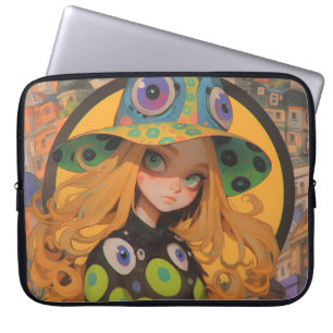 Kawaii Witch & Eyeball Hat in Fantasy City Laptopschutzhülle