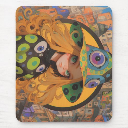 Kawaii Witch & Eyeball Hat in Fantasy City Mousepad (Vorne)