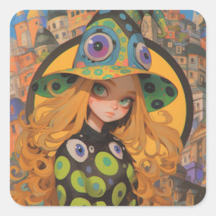 Kawaii Witch & Eyeball Hat in Fantasy City Quadratischer Aufkleber