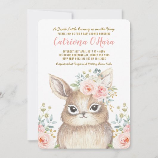 Kawaii Woodland Bunny Pink Floral Girl Babydusche Einladung (Vorderseite)