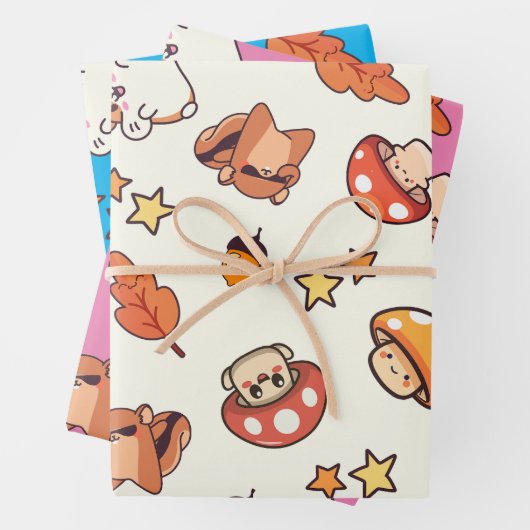 Kawaii Woodland Tiere und Pilze Muster Geschenkpapier Set (Beispiel)