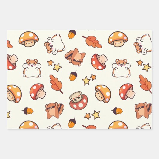 Kawaii Woodland Tiere und Pilze Muster Geschenkpapier Set (Vorderseite)