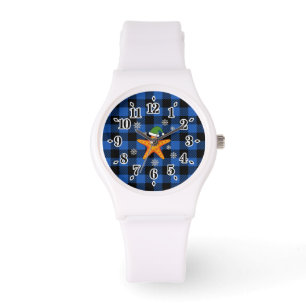 Kawaii Xmas Starfish auf Blue Buffalo Muster Armbanduhr