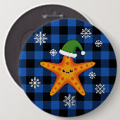 Kawaii Xmas Starfish auf Blue Buffalo Muster Button (Vorne & Hinten)