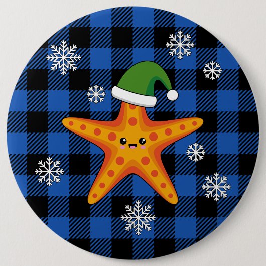 Kawaii Xmas Starfish auf Blue Buffalo Muster Button (Vorderseite)