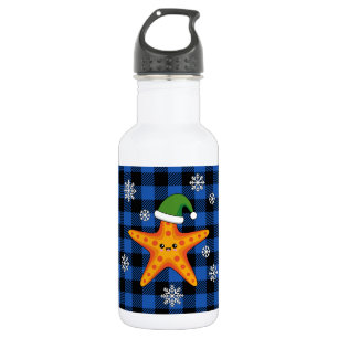 Kawaii Xmas Starfish auf Blue Buffalo Muster Edelstahlflasche