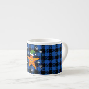 Kawaii Xmas Starfish auf Blue Buffalo Muster Espressotasse