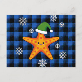 Kawaii Xmas Starfish auf Blue Buffalo Muster Feiertagspostkarte