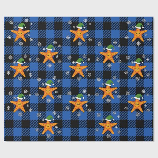Kawaii Xmas Starfish auf Blue Buffalo Muster Geschenkpapier (Flach)