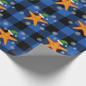 Kawaii Xmas Starfish auf Blue Buffalo Muster Geschenkpapier (Ecke)