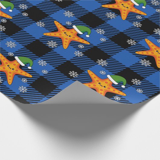 Kawaii Xmas Starfish auf Blue Buffalo Muster Geschenkpapier (Ecke)