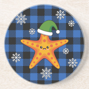 Kawaii Xmas Starfish auf Blue Buffalo Muster Getränkeuntersetzer