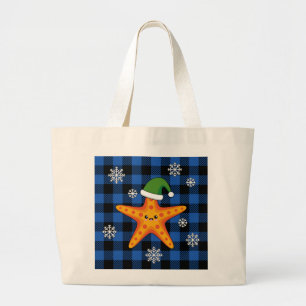 Kawaii Xmas Starfish auf Blue Buffalo Muster Jumbo Stoffbeutel