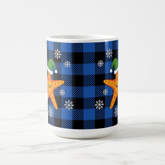 Kawaii Xmas Starfish auf Blue Buffalo Muster Kaffeetasse (Mittel)