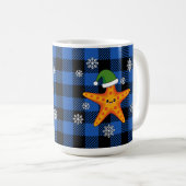 Kawaii Xmas Starfish auf Blue Buffalo Muster Kaffeetasse (VorderseiteRechts)