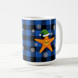 Kawaii Xmas Starfish auf Blue Buffalo Muster Kaffeetasse