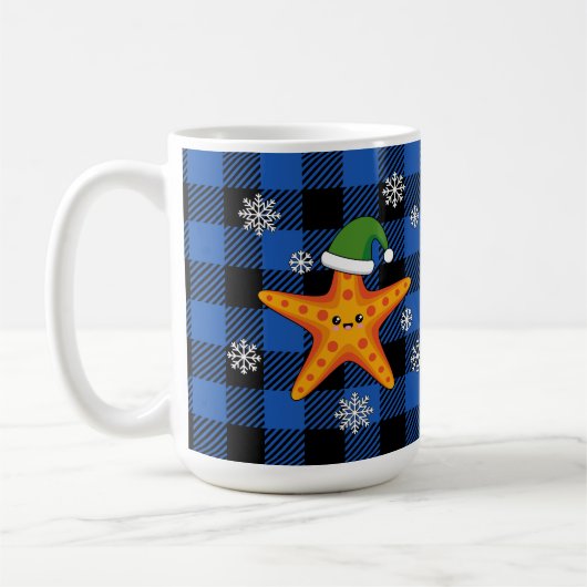 Kawaii Xmas Starfish auf Blue Buffalo Muster Kaffeetasse (Links)