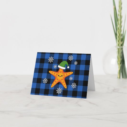 Kawaii Xmas Starfish auf Blue Buffalo Muster Karte (Vorderseite)