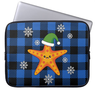 Kawaii Xmas Starfish auf Blue Buffalo Muster Laptopschutzhülle