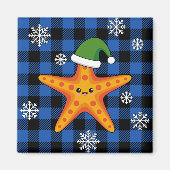 Kawaii Xmas Starfish auf Blue Buffalo Muster Magnet (Vorne)