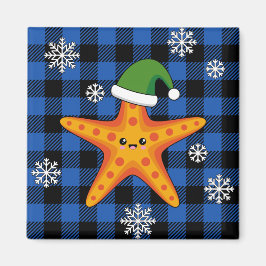 Kawaii Xmas Starfish auf Blue Buffalo Muster Magnet