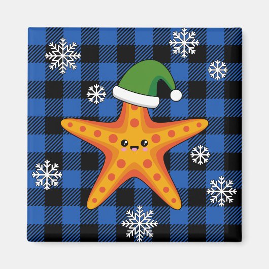 Kawaii Xmas Starfish auf Blue Buffalo Muster Magnet (Vorne)