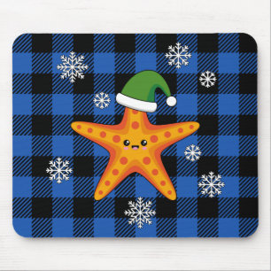Kawaii Xmas Starfish auf Blue Buffalo Muster Mousepad