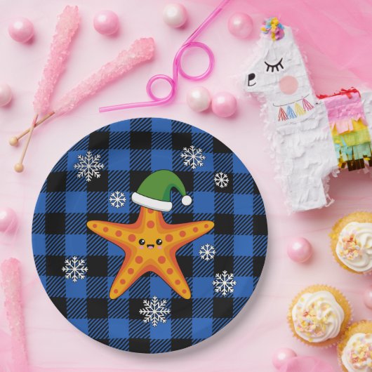 Kawaii Xmas Starfish auf Blue Buffalo Muster Pappteller (Party)