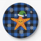 Kawaii Xmas Starfish auf Blue Buffalo Muster Pappteller (Vorderseite)