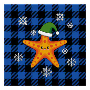Kawaii Xmas Starfish auf Blue Buffalo Muster Poster