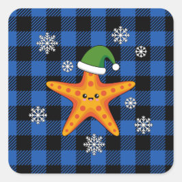 Kawaii Xmas Starfish auf Blue Buffalo Muster Quadratischer Aufkleber