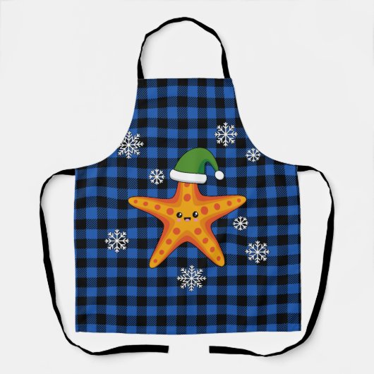 Kawaii Xmas Starfish auf Blue Buffalo Muster Schürze (Vorderseite)