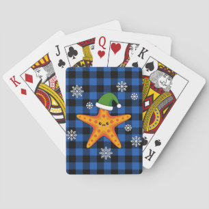Kawaii Xmas Starfish auf Blue Buffalo Muster Spielkarten