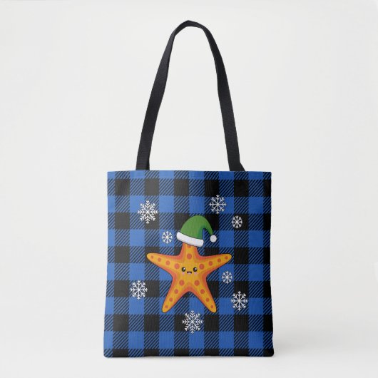 Kawaii Xmas Starfish auf Blue Buffalo Muster Tasche (Vorderseite)