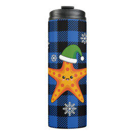 Kawaii Xmas Starfish auf Blue Buffalo Muster Thermosbecher