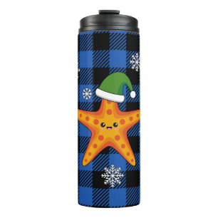 Kawaii Xmas Starfish auf Blue Buffalo Muster Thermosbecher
