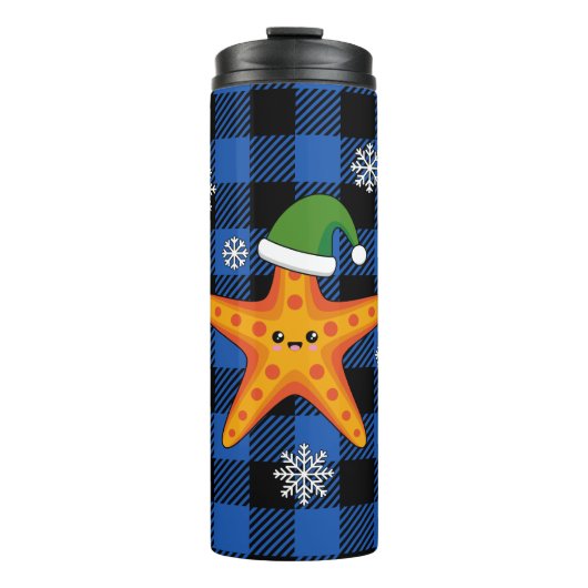 Kawaii Xmas Starfish auf Blue Buffalo Muster Thermosbecher (Vorderseite)