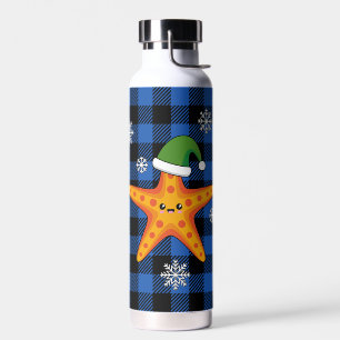 Kawaii Xmas Starfish auf Blue Buffalo Muster Trinkflasche