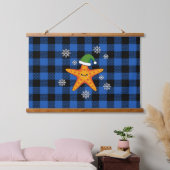 Kawaii Xmas Starfish auf Blue Buffalo Muster Wandteppich Mit Holzrahmen (Schlafzimmer)