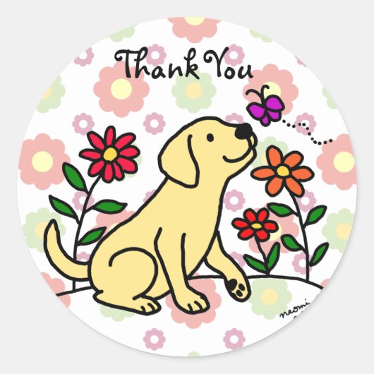 Kawaii Yellow Labrador Cartoon Floral Runder Aufkleber (Vorderseite)