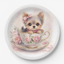 Kawaii Yorkie Teacup Birthday Paper Plates Pappteller