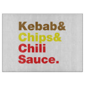 Kebab & Chips & Chili Sauce. Schneidebrett (Vorderseite)