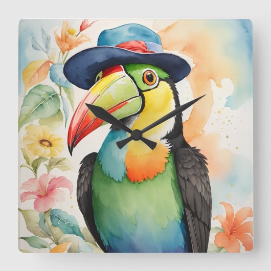 Keel-billed Toucan in Fedora Hat Quadratische Wanduhr (Vorderseite)