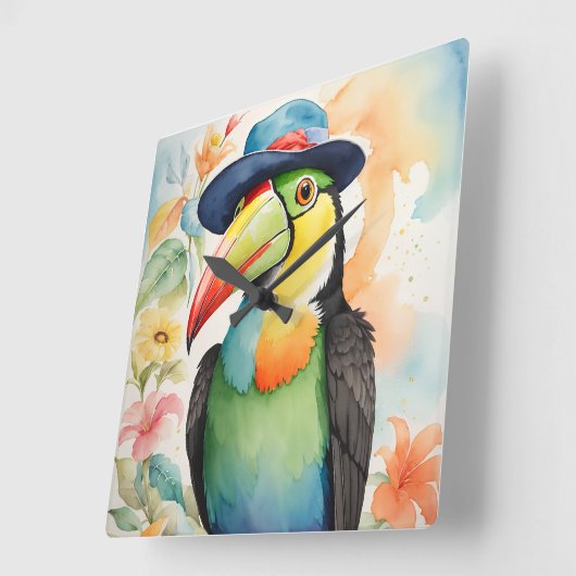Keel-billed Toucan in Fedora Hat Quadratische Wanduhr (Winkel)