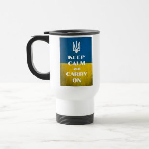 Keep calm und weiter mit ukrainischem Emblem Dreiz Reisebecher