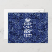 Keep Calm Your Text on Blue Digital Tarnung Postkarte (Vorne/Hinten)