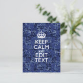Keep Calm Your Text on Blue Digital Tarnung Postkarte (Stehend Vorderseite)