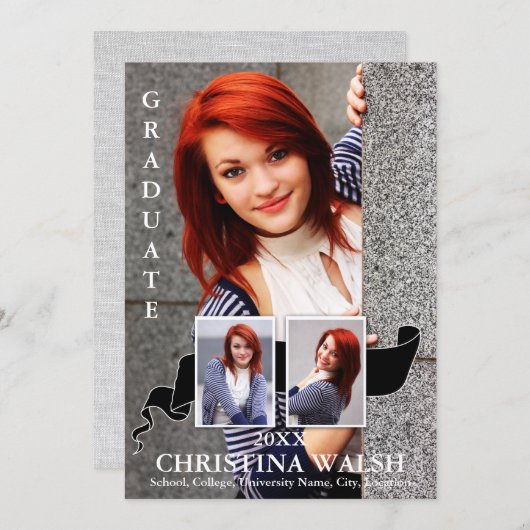 Keepake 3 Foto Black Ribbon Abschluss Einladung (Vorne/Hinten)